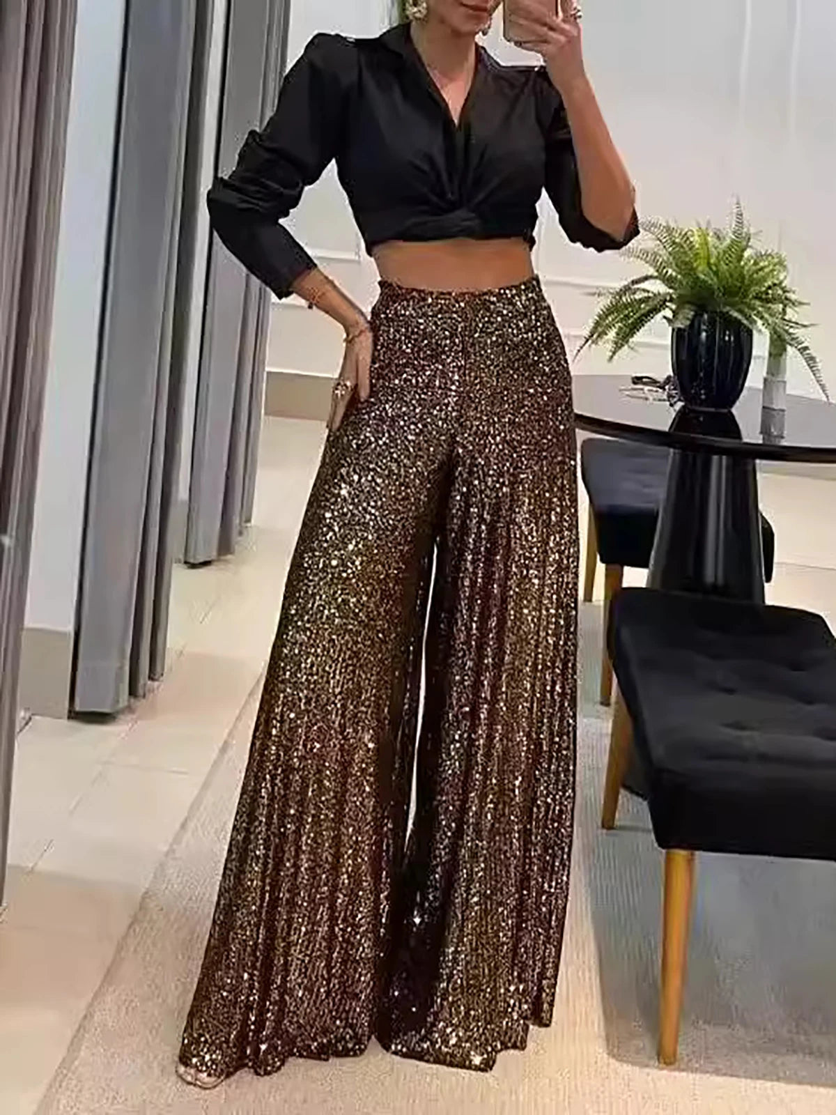 Women's Elegant Golden Thread Wide Leg Pants High Waisted Sparkle Trousers Glamorous Party Clubwear Shiny Evening Fashion Bottom