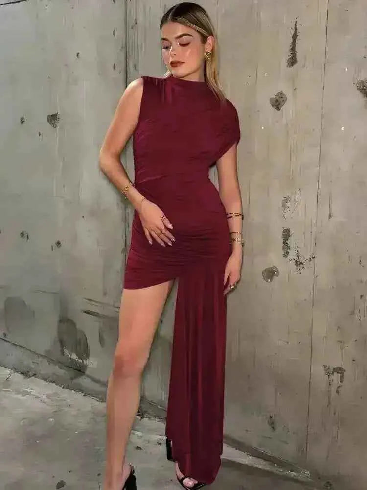 Balitops Summer Draped Ruched Sexy Mini Dress Women 2025 New Irregular High Waist Slim Fit Dress Female Elegant Club Tank Dress