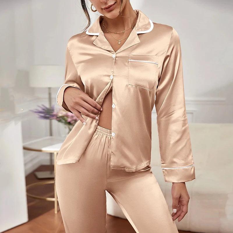 Women's Pajama Set Long Sleeve Tops With Pants Sleepwear Soft And Comfort Nightwear Satin Silk Pyjama Femme Home Wear Loungewear - CRAVO ROSE