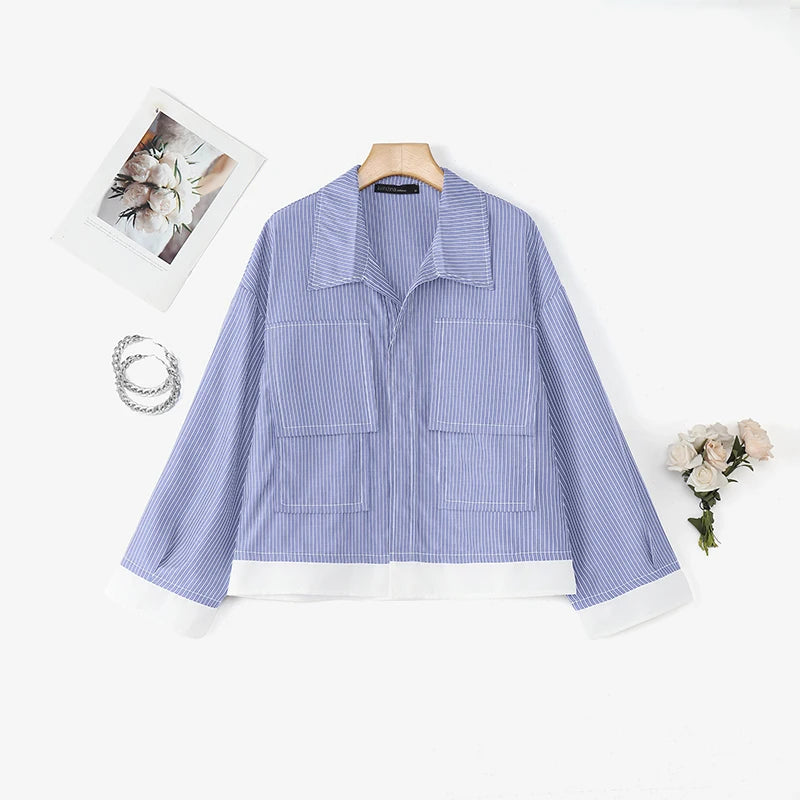 Women Korean Shirts 2025 ZANZEA Autumn Long Sleeve Striped Patchwork Blouse Fashion Tops Tunic Pockets Office Blusas Femininas