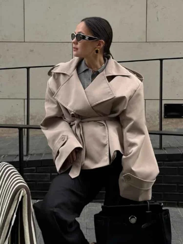 Women Lapel V-neck Belt Trench Coat Fashion Lace Up Full Sleeve Button Short Thin Windbreak 2025 New Lady Daily Street Outerwear