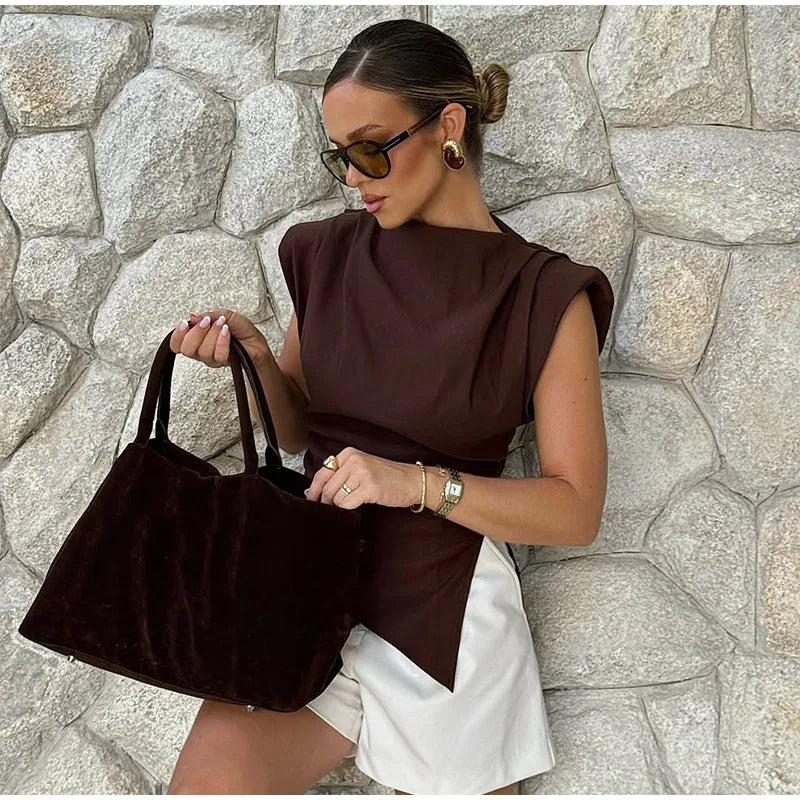 Vestido longo elegante com decote redondo e manga curta, moda feminina, liso, plissado, gaze, patchwork, 2025, novo, para escritório