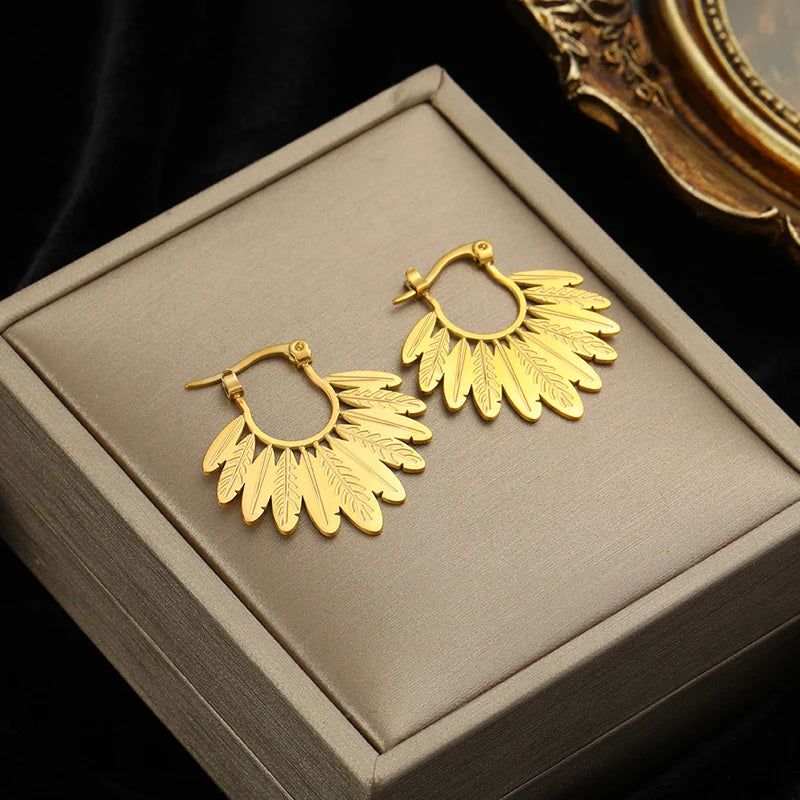 Brincos de argola EILIECK 316L em aço inoxidável dourado, formato de leque, geométrico, estilo boêmio, para mulheres, pingente de orelha, joia, presente para festa