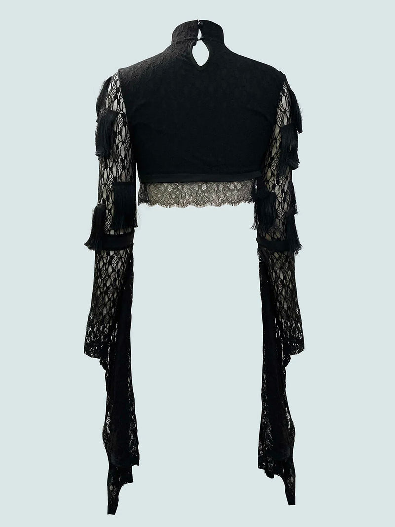 Blusa gótica feminina da moda, blusa de renda escura, mangas trompete, suspensórios finos, sexy, de rua, de gaze preta, para festa em boate