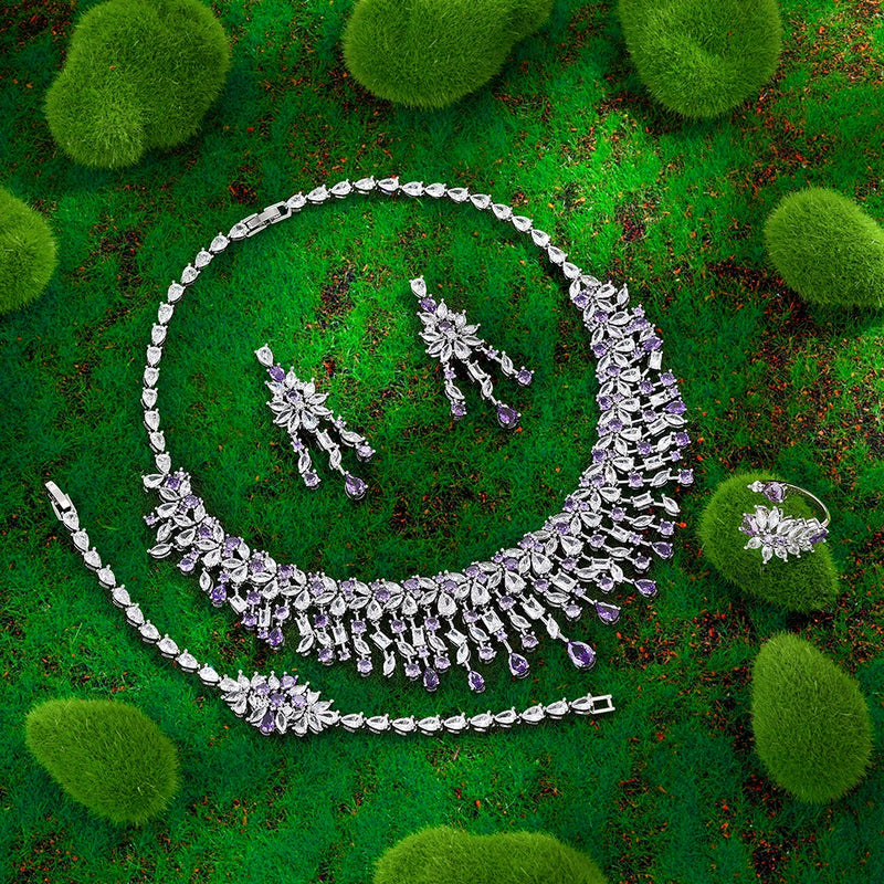 Conjunto de joias de casamento de zircônia cúbica, conjunto de 4 peças para noivas, conjunto de joias femininas, reprodução de marca de joias