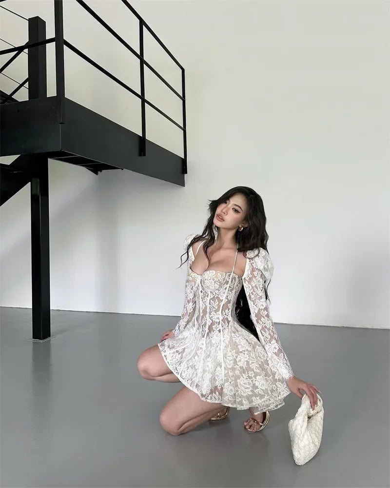 Spring Summer Vietnamese Design Mini Dress Lace Hollow out Puff Sleeve Square Collar Waist Cinched Pleated Low Waist Line