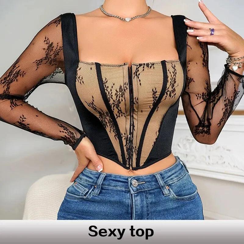 Women's Sexy Semi Transparent Long Sleeved Embroidered Lace Patchwork Hollow out Tight Fitting Design Square Neck Casual Top - CRAVO ROSE