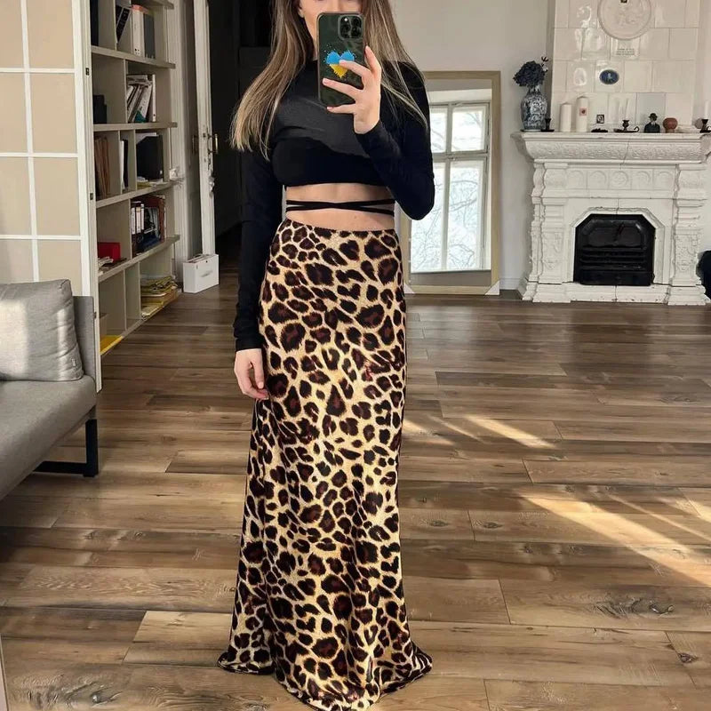 HXAO Leopard Print Women's Midi Skirt High Waist Stylish Long Skirts For Women Fall Vintage Satin Skirt Woman Elegant Skirts