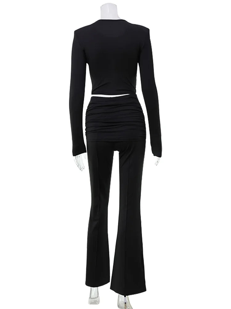 Ahagaga Autumn Fashion Women's Sets Solid Regular Long Sleeves O-Neck Skinny 2Pcs (Tops+Pants) Knot Casual Streetwear Folds Suit