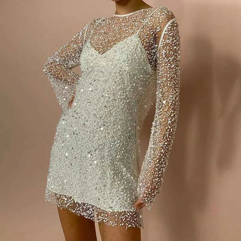 2PCS Women's Summer Suspender Dress With Sequined Seersucker  Perspective Mesh Strap Design Party Dress Up Black And White