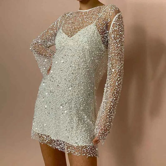 2PCS Women's Summer Suspender Dress With Sequined Seersucker  Perspective Mesh Strap Design Party Dress Up Black And White