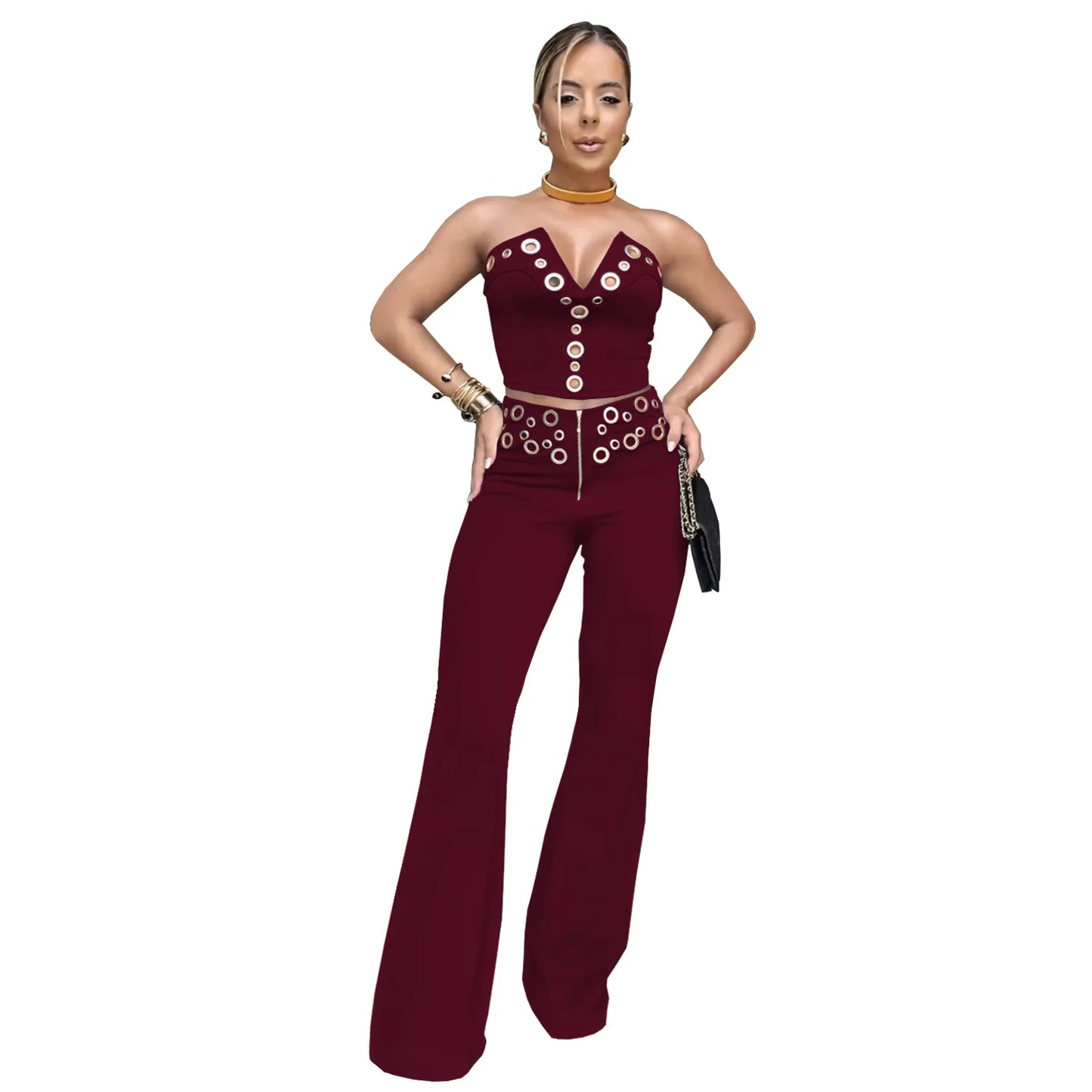 FLARORA Fashion Metal Ring Holes 2 Pcs Sets Woman Sleeveless Hollow Out Crop Tops And High Waist Flare Pants Elegant Streetwear