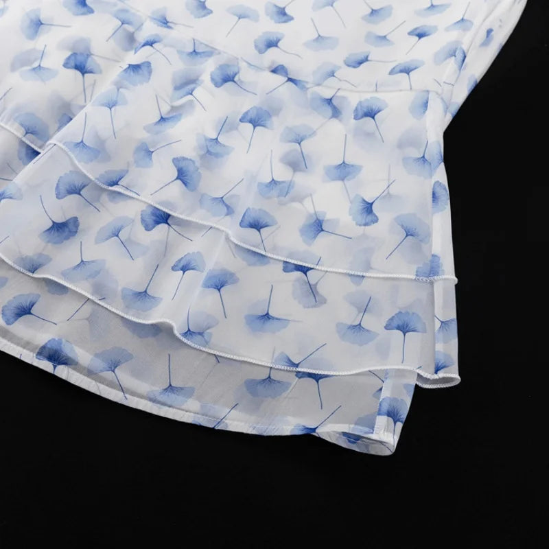 Floral Print 2 Piece Sets Women Outfit Summer Clothing Women Puff Sleeve V-Neck Blouse Top Mermaid Skirt Suit Fashion Dress Sets