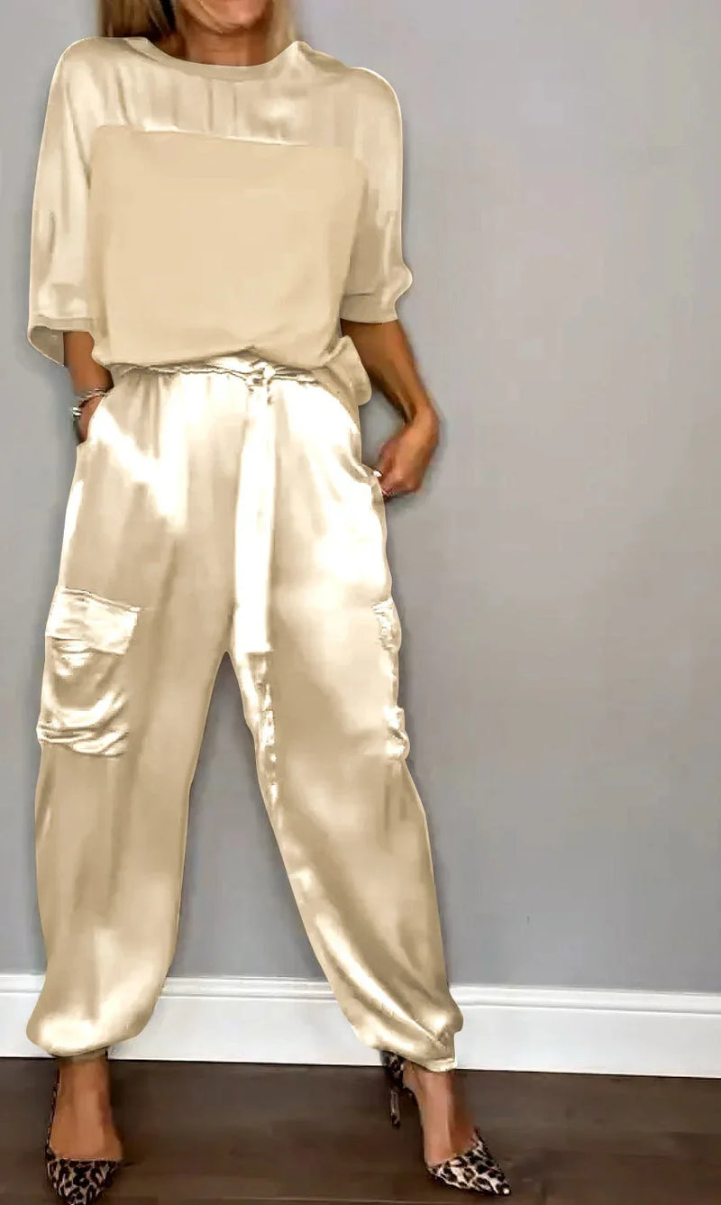 For Women Spring Summer Fashion Solid Color Satin Two Piece Set New O Neck Long Sleeve Top Long Pants Casual Loose Two Piece Set