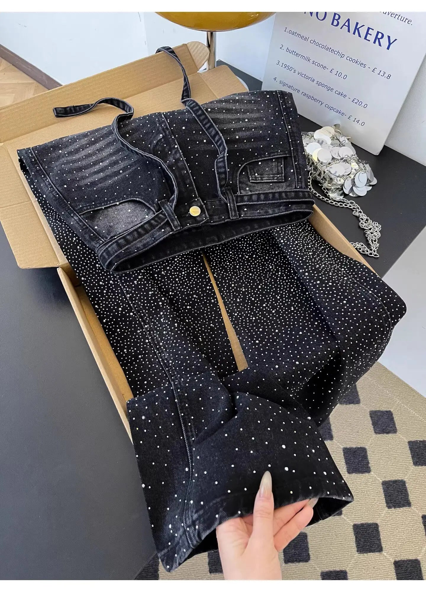 Glittering Rhinestone Denim Pants Women's Jeans New Wide Leg Design Sensation Floor-Length Pants Loose Jeans