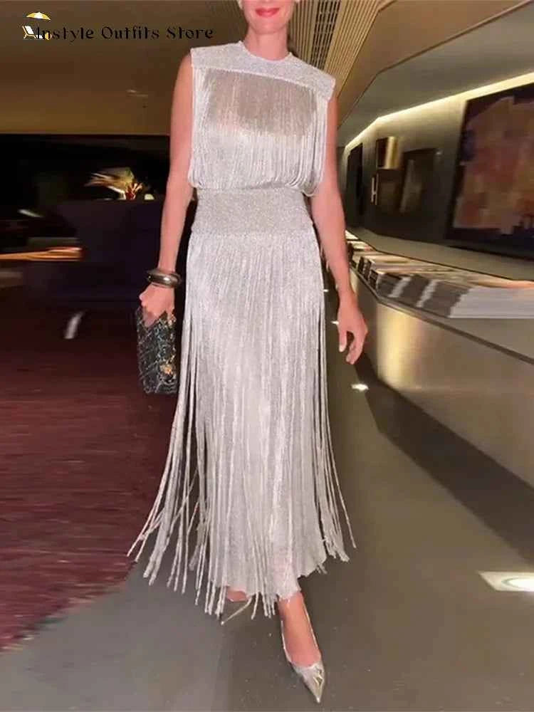 Elegant Tassel Maxi Dress Women Slim Spring Summer O-neck Shine Ankle-length Dresses Lady Sleeveless Solid Robe Female Party