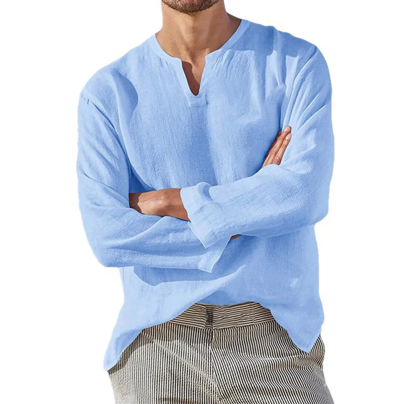 Camisa masculina de algodão e linho, cor sólida, aconchegante, manga comprida, respirável, blusa casual com decote em V, camisa havaiana, camisas leves