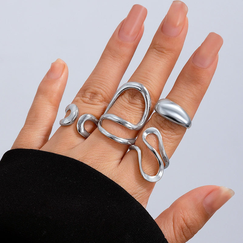 Ingemark 4Pcs Vintage Irregular C Shape Open Ring Set Women Creative Geometric Finger Knuckle Ring Couple Jewelry Accessories