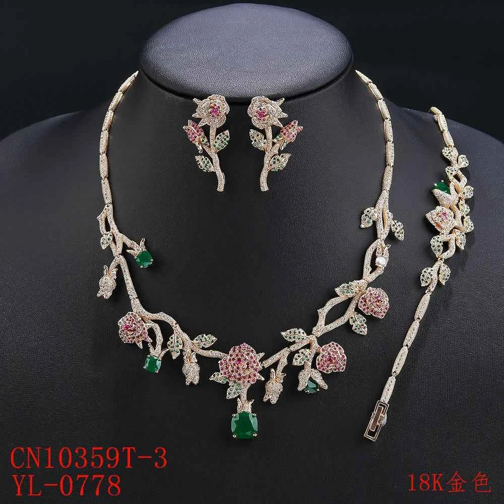 New Luxury 3-piece Cubic Zirconia Rose Flower Necklace Earrings Bracelet Set Bridal Wedding Ball Accessories CN10359T