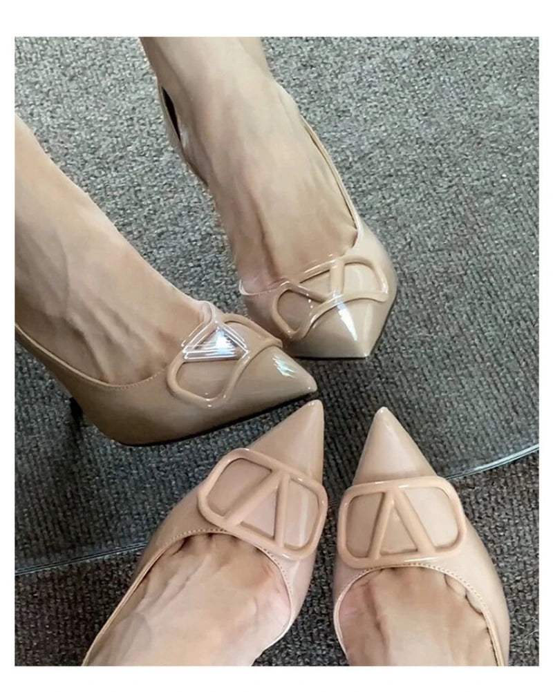European Banquet Pointed V-Buckle High Heels Thin Heel Patent Leather Side Air Quality Women's Shoes Fashionable And Elegant