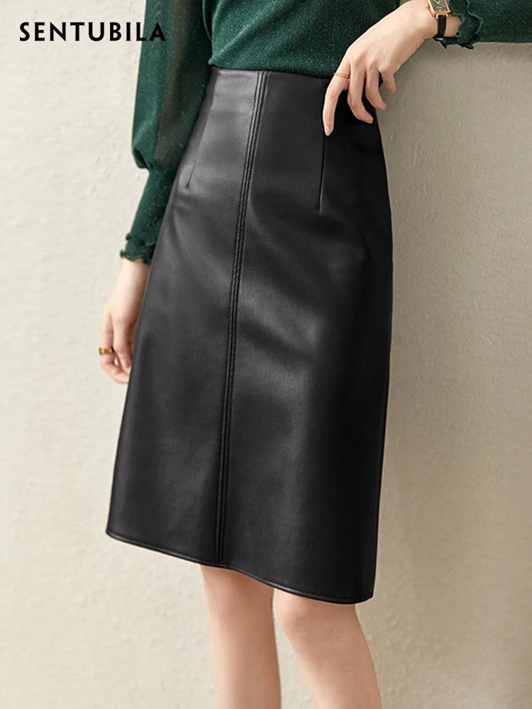 SENTUBILA Black PU Leather Skirt for Women 2024 Spring Fashion Luxury Knee-Length High Waist Skirts Female Clothing 123Q43042 - CRAVO ROSE