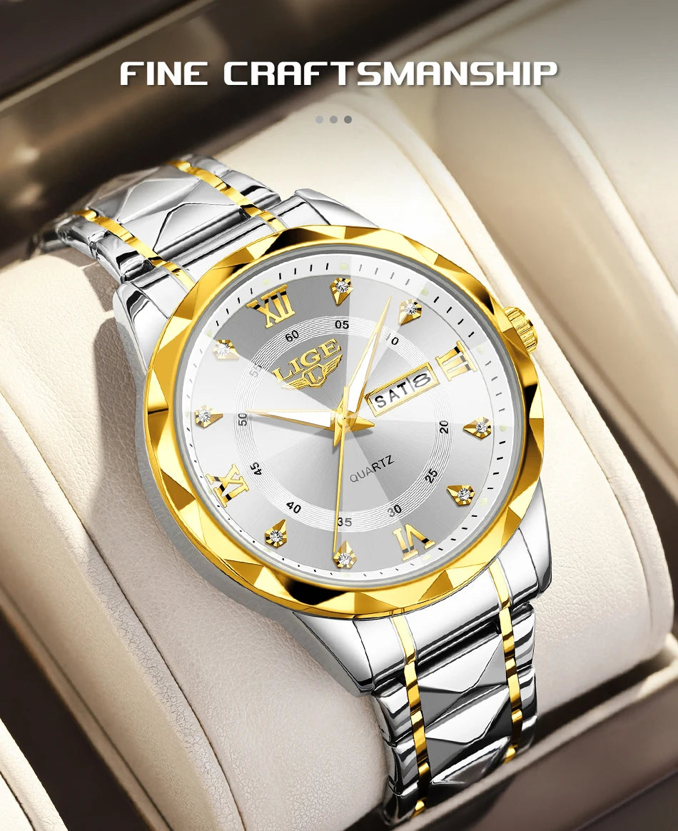 New LIGE Top Brand Luxury Man Wristwatch Waterproof Luminous Date Week Men Watches Stainless Steel Quartz Men's Watch Male reloj