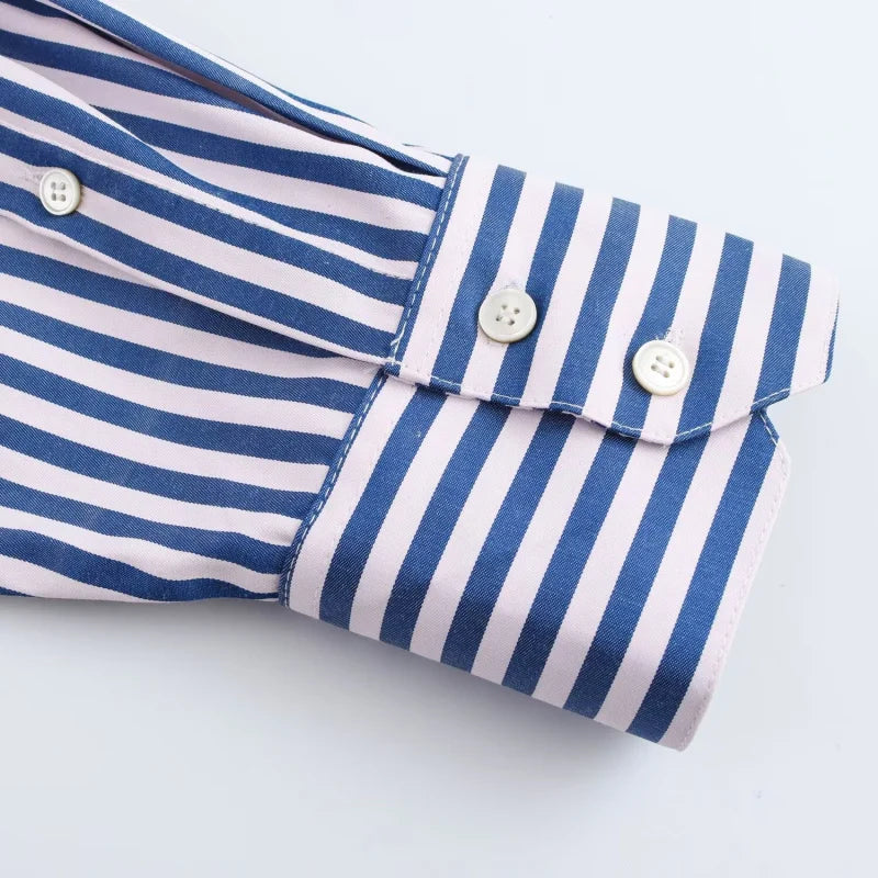 ETJ 2025 women's spring new Europe-American fashion striped long sleeve lapel loose version poplin shirt multi-color selection