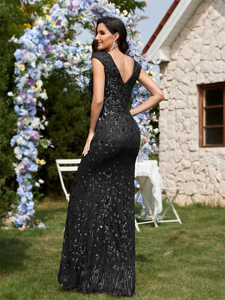 BLUEPLUM New Elegant Green SequinS Evening Dress Women Long Luxury Mermaid Formal Deep V-neck Prom Luxury Wedding Party Gowns