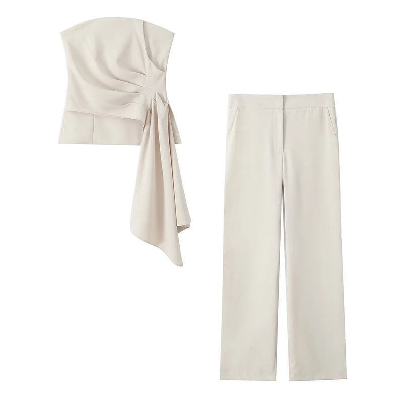 TRAFZA Women 2 Piece Set Solid Asymmetric Folds Side Zip Design Short Vest Top+Fashion Pockets High Waist Casual Wide Leg Pants