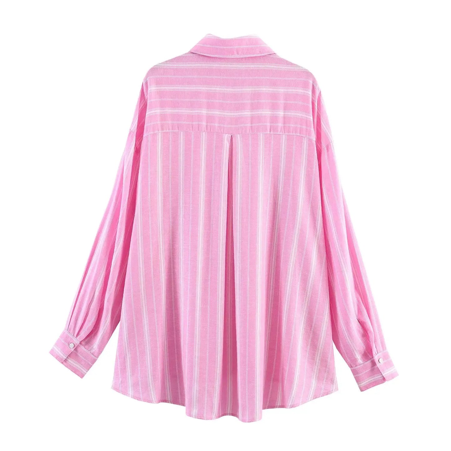 Conjunto social (2 Peças): Camisa Listrada Rosa Oversized de Manga Longa e Saia Midi Plissada com Recorte e Zíper