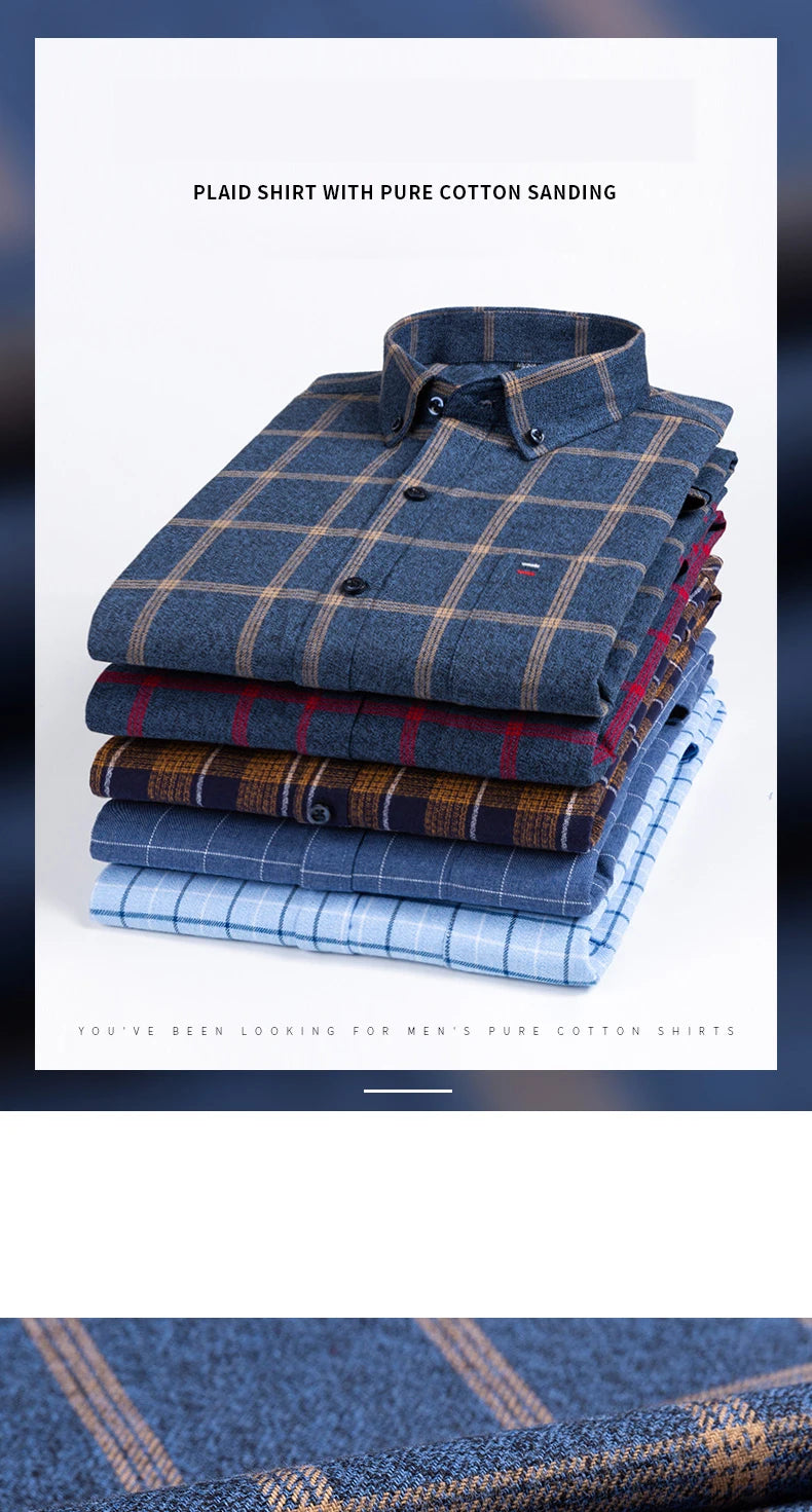 Pure Cotton Men's Plaid Shirt Long Sleeve Regular Fit Men Casual Oversized Shirt Leisure Autumn Male Clothes New Plus Size