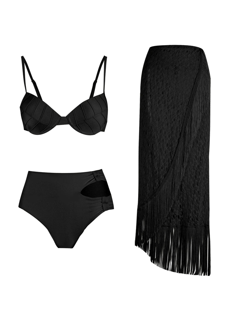 Fashion Sexy Solid Three Piece Bikini Set Padded Bra Tassel High Waist Beach Skirt Swimwear Summer Beach Holiday  Bathing Suit