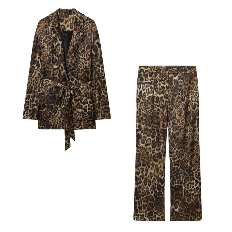 MUJER Leopard Print Blazers Woman Outfit Straight Leg Pants Sets for Women 2 Pieces Jacquard Office Blazer Women's Trouser Suit