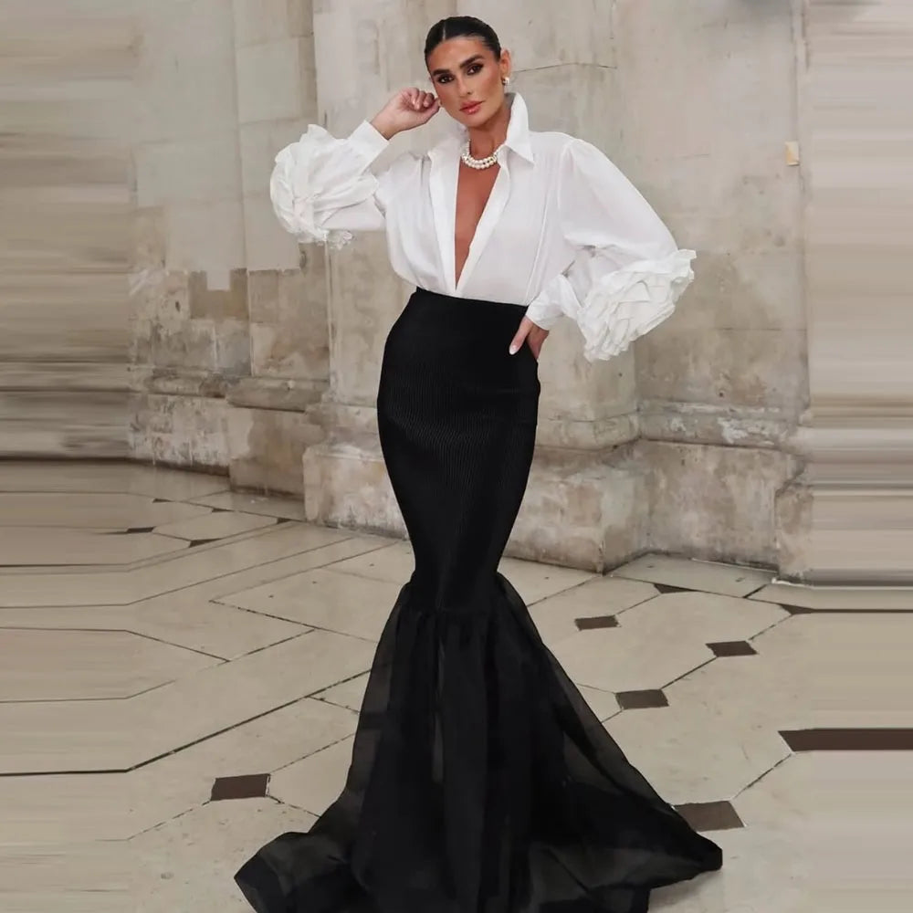 Black Satin Mermaid Skirt  See Through Bottom Long Evening Party Skirt Custom Made  Office Lady Maxi Long Skirts For Birthday