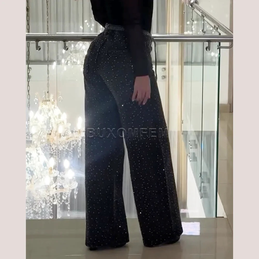 Women's Wide Leg Loose Jeans Drilled Straight Leg Pants 2025 Stylish Baggy Trousers Ladies Fashion Y2K Streetwear Outfit Bottoms