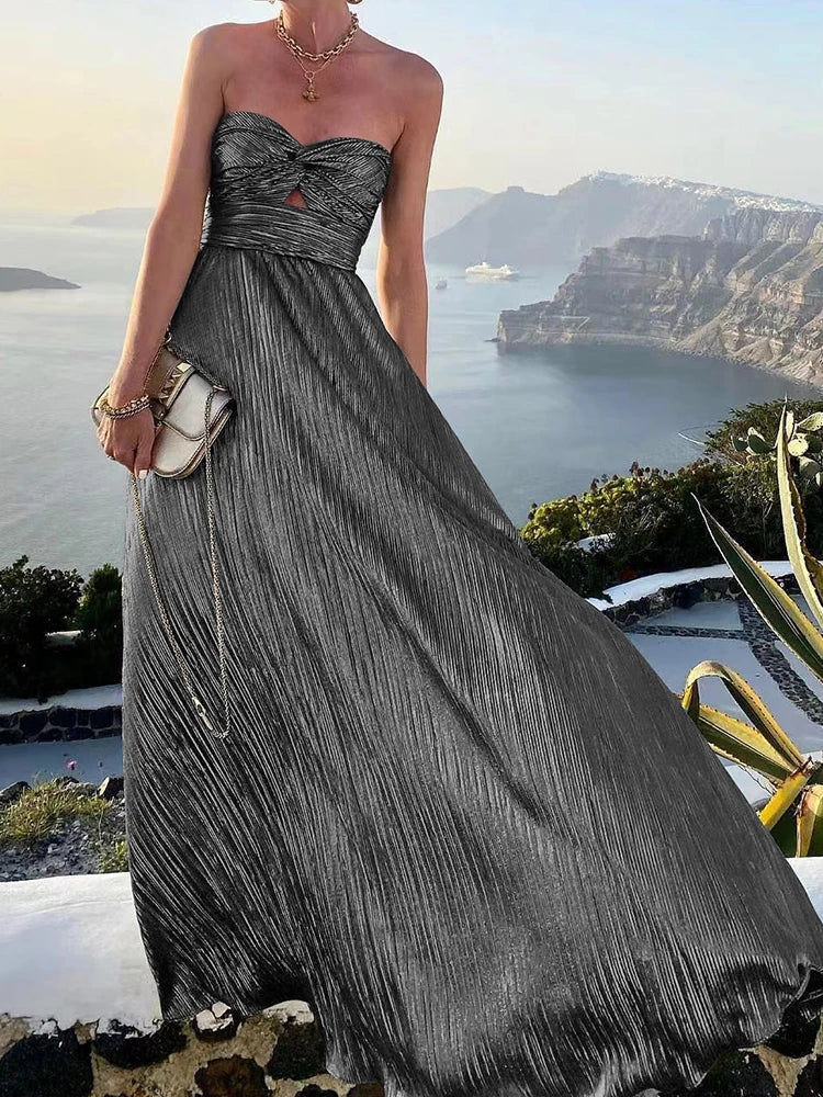 2024 Sexy Twist Strapless Hollow Out Long Dress Women Boho Elegant Bronzing Evening Dress Fashion Sleeveless A-Line Party Dress