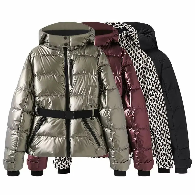 2025 Women Winter Hooded Down Jackets With Belt Lady Warm Thick Long Sleeve Stand Collar Parkas Padded Coats Sports Ski Outdoor