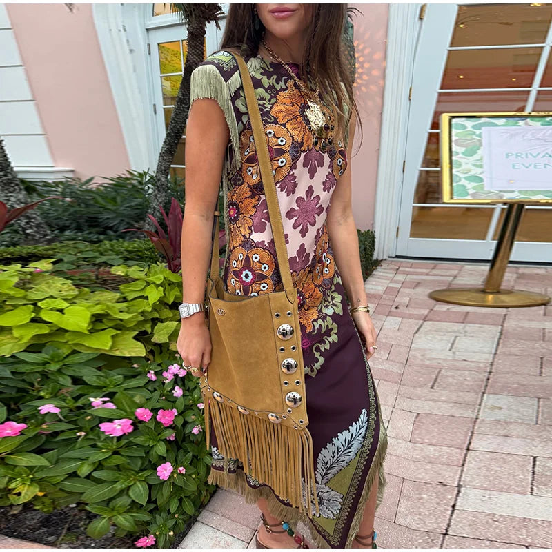 Elegant Printed Women's Tassel Dress Fringed Sleeveless Slim Irregular Party Evening Dresses 2026 Spring Summer Lady Vestidos