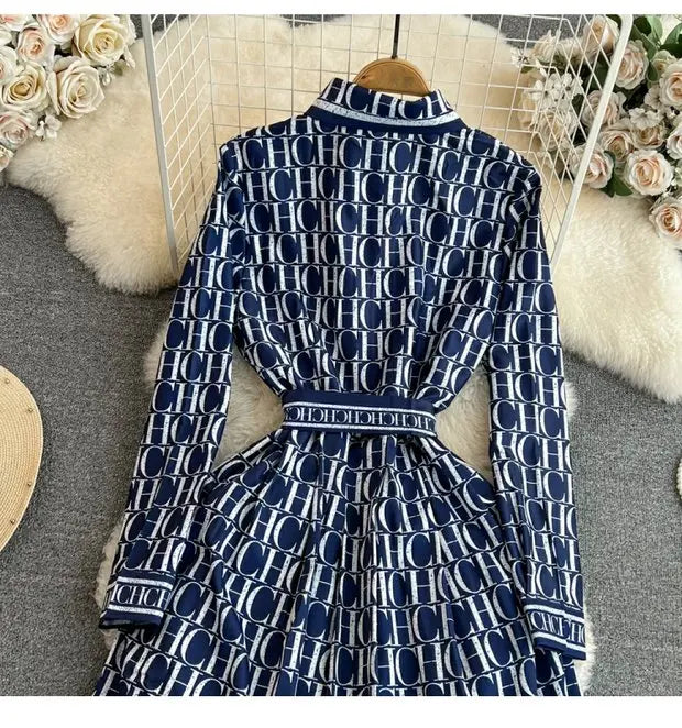 Elegant Retro Long Sleeve Print Shirt Dress Slimming A-Line High Waist Spring Autumn Korean Style Women's City Commute Dress