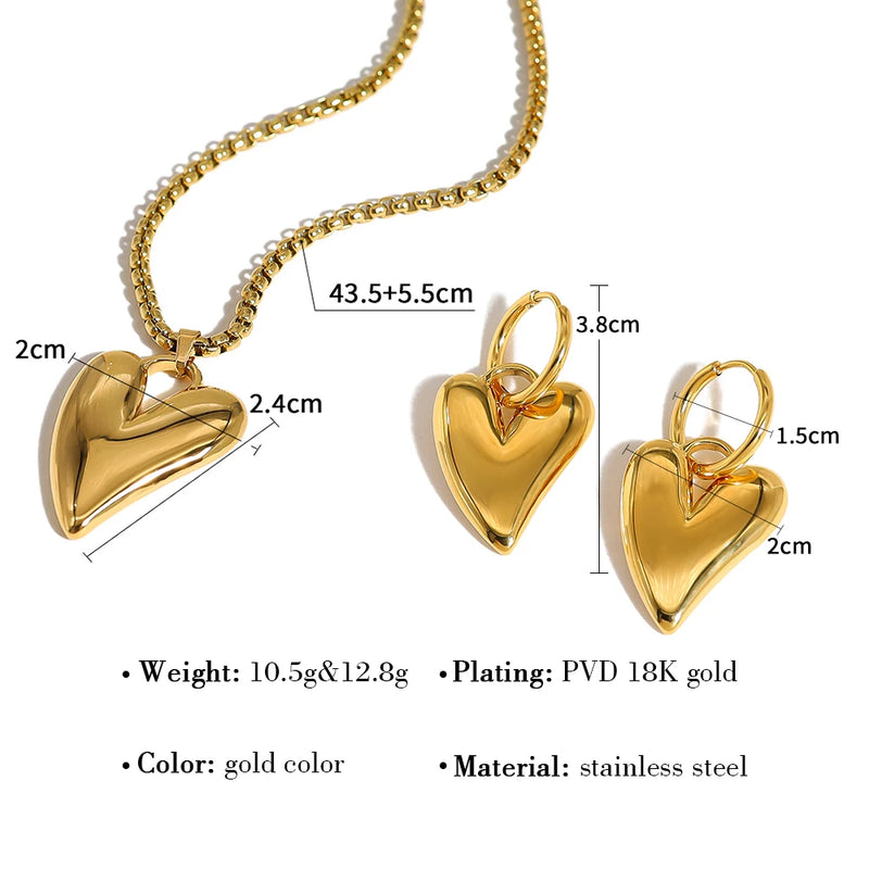 YACHAN 18K Gold Plated Stainless Steel Irregular Heart Necklace Earrings for Women Glossy Chic Waterproof Jewelry Set - CRAVO ROSE