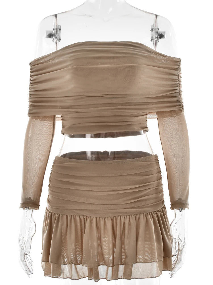 Fantoye Sexy Strapless Two Piece Sets Women Skirt Suit Khaki Long Sleeve Top Ruffle Skirt Female Spring Slim Elegant Skirt Sets