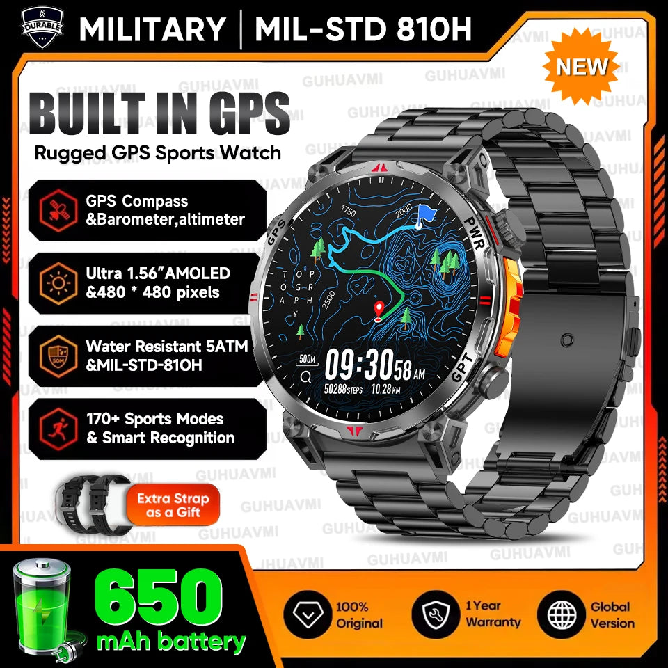 2025New Military T-Rex3 Ultra GPS SmartWatch Built in GPS Compass Altimeter Barometer 5ATM Waterproof 650mAh Sports Bracelet Men