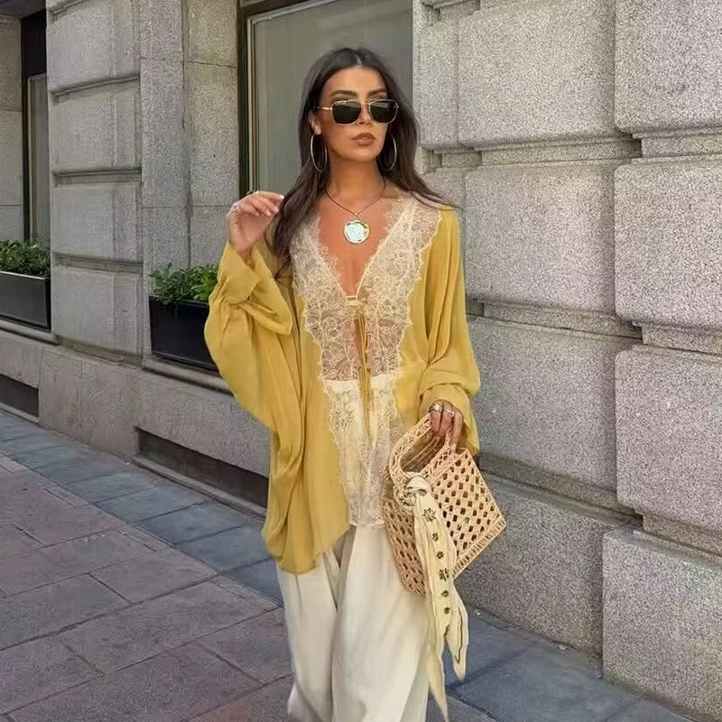 Women's Shirts Summe Fashion Splicing Lace Shirt Summe Women Loose Casual Shirts Female Blouses Chic Tops
