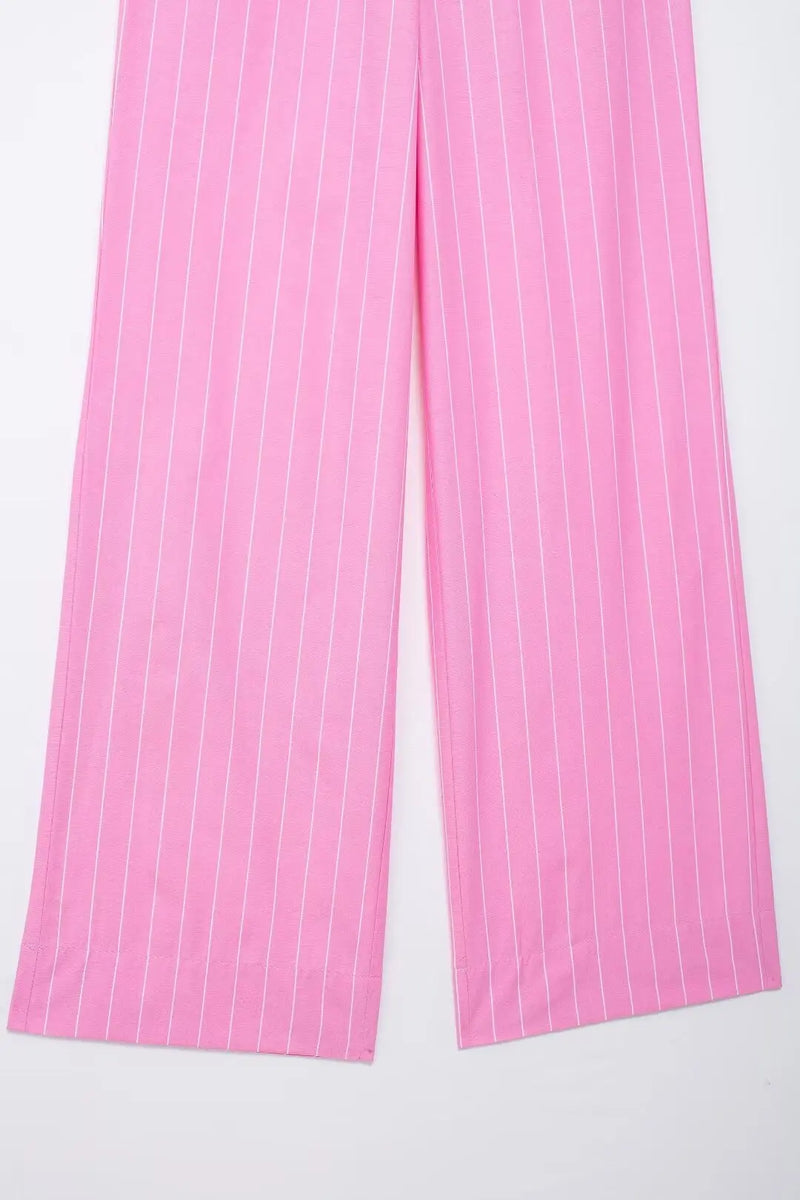TRAFZA Women 2 Piece Set Elegant High Waist Loose Drawstring Pocket Wide Leg Pants Stripe Lapel Pocket Button Shirt Top Traf