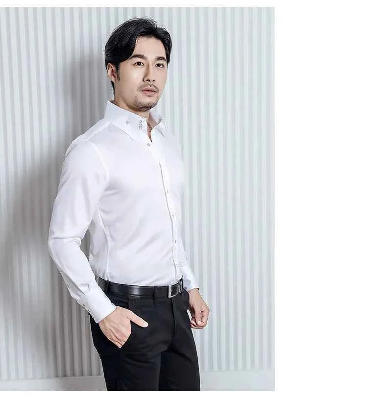 Men's Stretchy Long Sleeve Shirt Crystal Buttons Business Casual Slim Fit Dress Shirts for Men Trendy Traf Homme TS-928