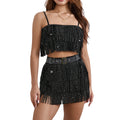 Two Piece Sets Women Summer Punk Club Sexy Skirt Sets Sleeveless Sequin Tassel Camis Top + Mini Skirts with Belt Female 2Pcs Set