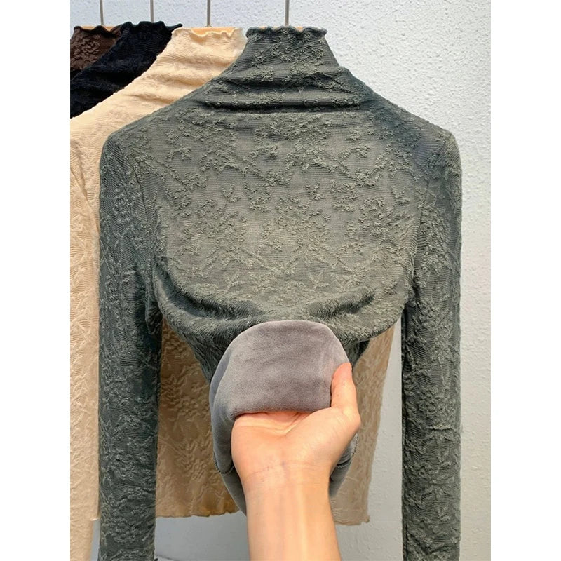 Women's Fleece Lined Lace Base Shirt Half High Collar Inner Wear Autumn Winter Warm plus Size Fat MM Top Commute Style Slim Fit