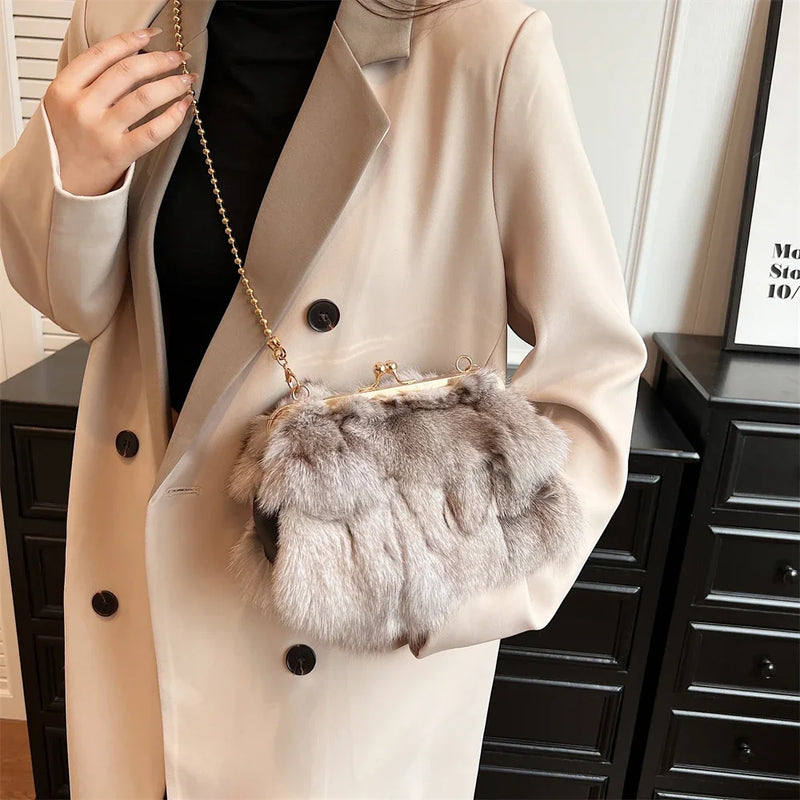 Soft Plush Evening Bags for Elegant Women Fox Fur Dinner Party Clutch Chain Crossbody Winter Warm Luxury Designer Handbags
