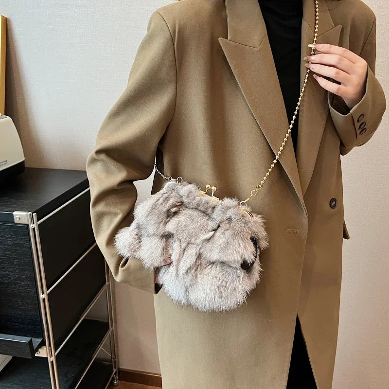 Soft Plush Evening Bags for Elegant Women Fox Fur Dinner Party Clutch Chain Crossbody Winter Warm Luxury Designer Handbags