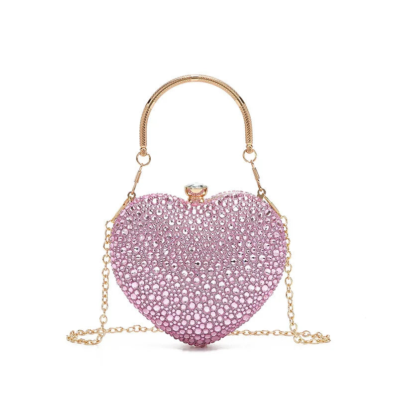 Luxury Diamond Inlay Heart Shape Crystal Clutch Purse Stones Evening Wedding Party Shoulder Bag Handle Rhinestone Mini Handbags - CRAVO ROSE